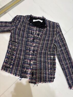 IRO Navy Pink Multi Tweed Fringe Zip Blazer